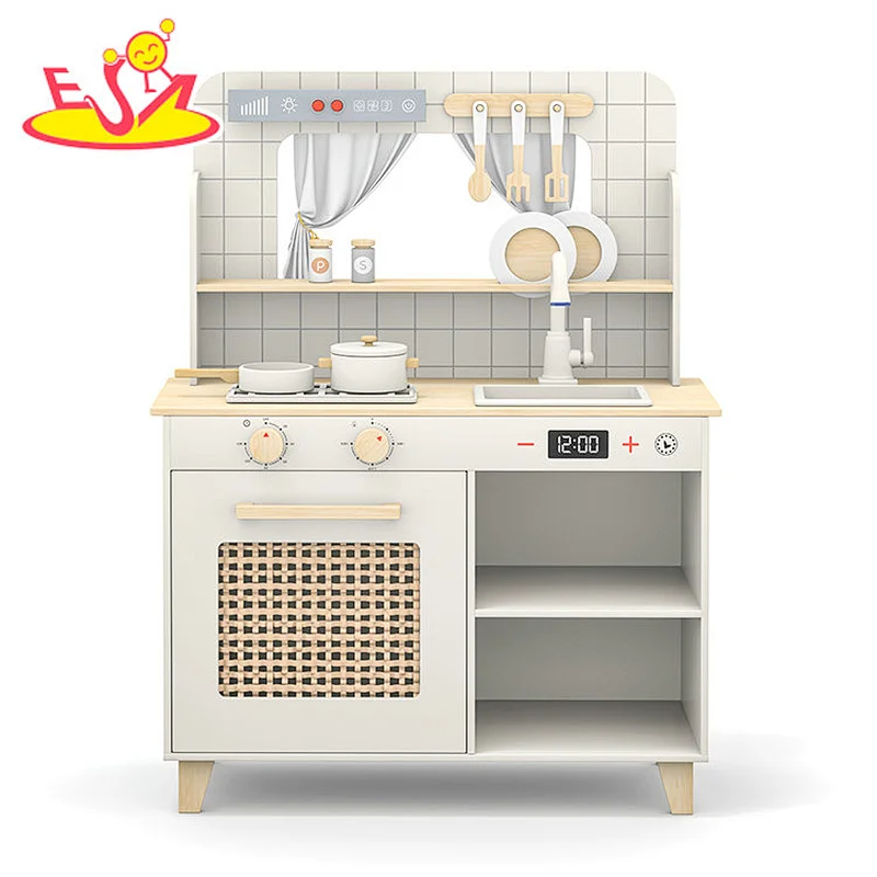 Modern Wooden Kids Play Kitchen Set with Stove, Sink, Oven and Pretend Cooking Accessories W10C1002